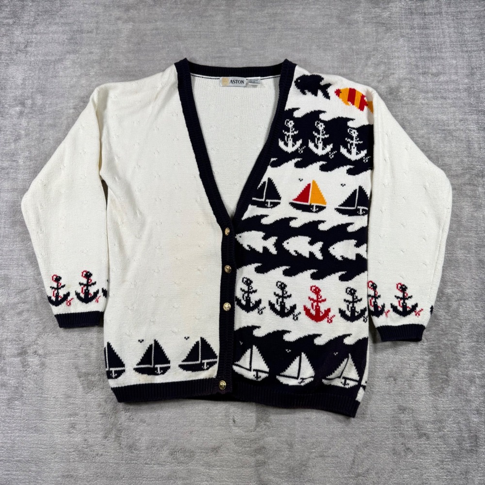 Vintage Nautical Cardigan Sweater Womens Medium Cream Navy Sailboat Anchor Fish